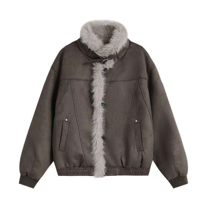 Coffee suede fur collar patchwork jacket