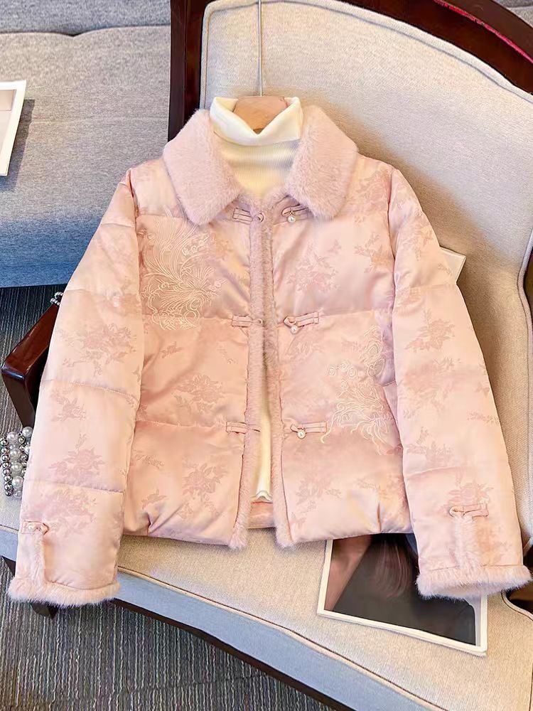 Cherry pink Chinese-style jacquard fur collar cotton-padded jacket