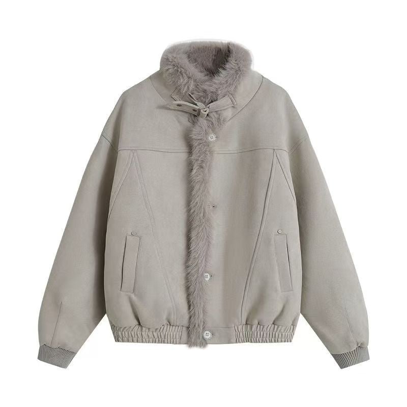 Coffee suede fur collar patchwork jacket
